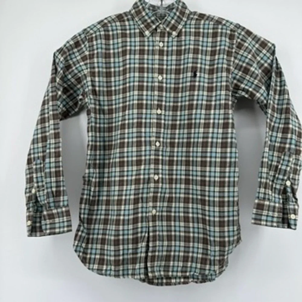Ralph Lauren Plaid Button Down Shirt‎ Kids Long Sleeve Brown Blue White L(14-16)
